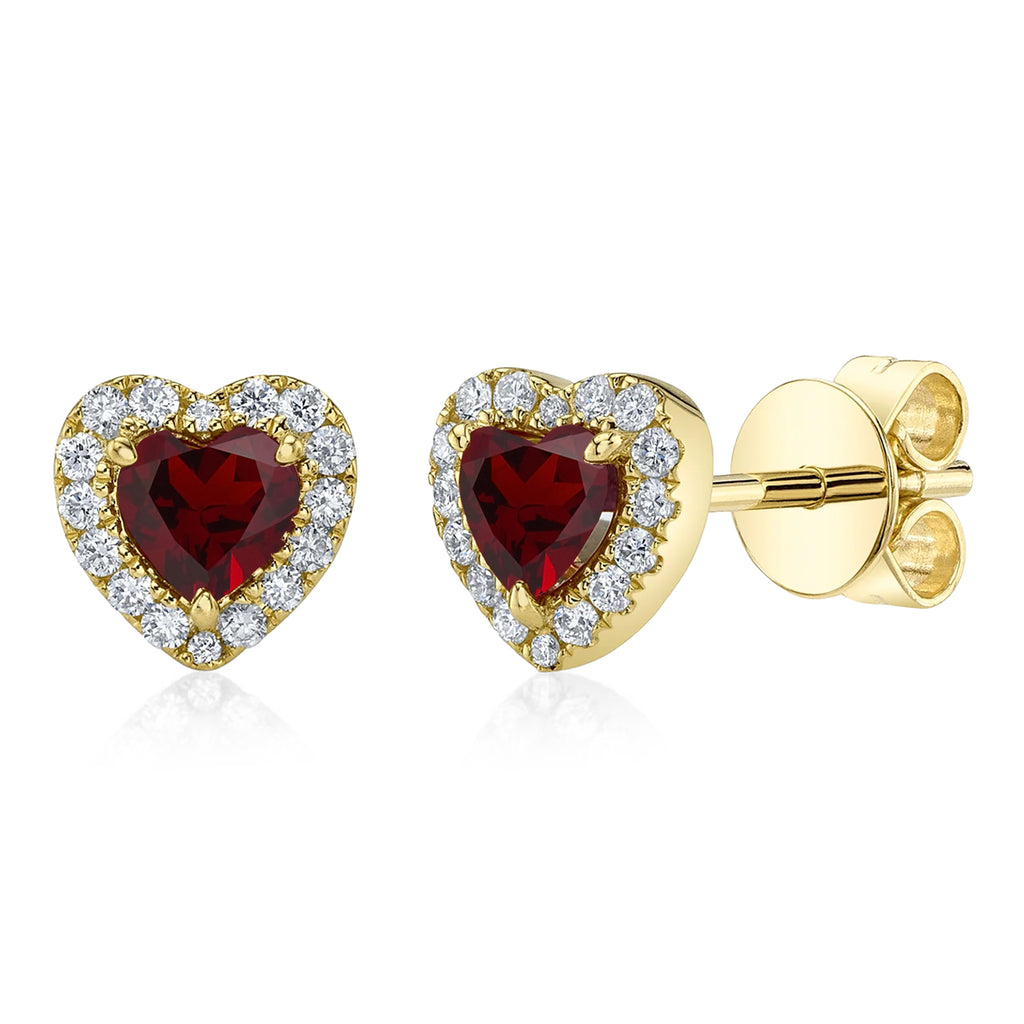 Heart Garnet & Round Diamond Halo Stud Earrings 14K Yellow Gold (0.68ct)