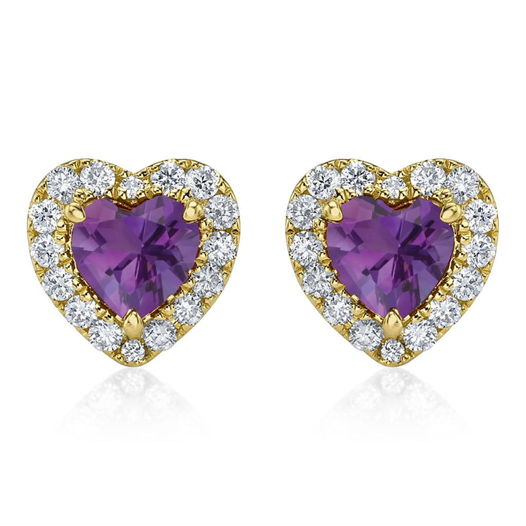 Heart Lab Amethyst & Round Diamond Halo Stud Earrings 14K Yellow Gold (0.68ct)