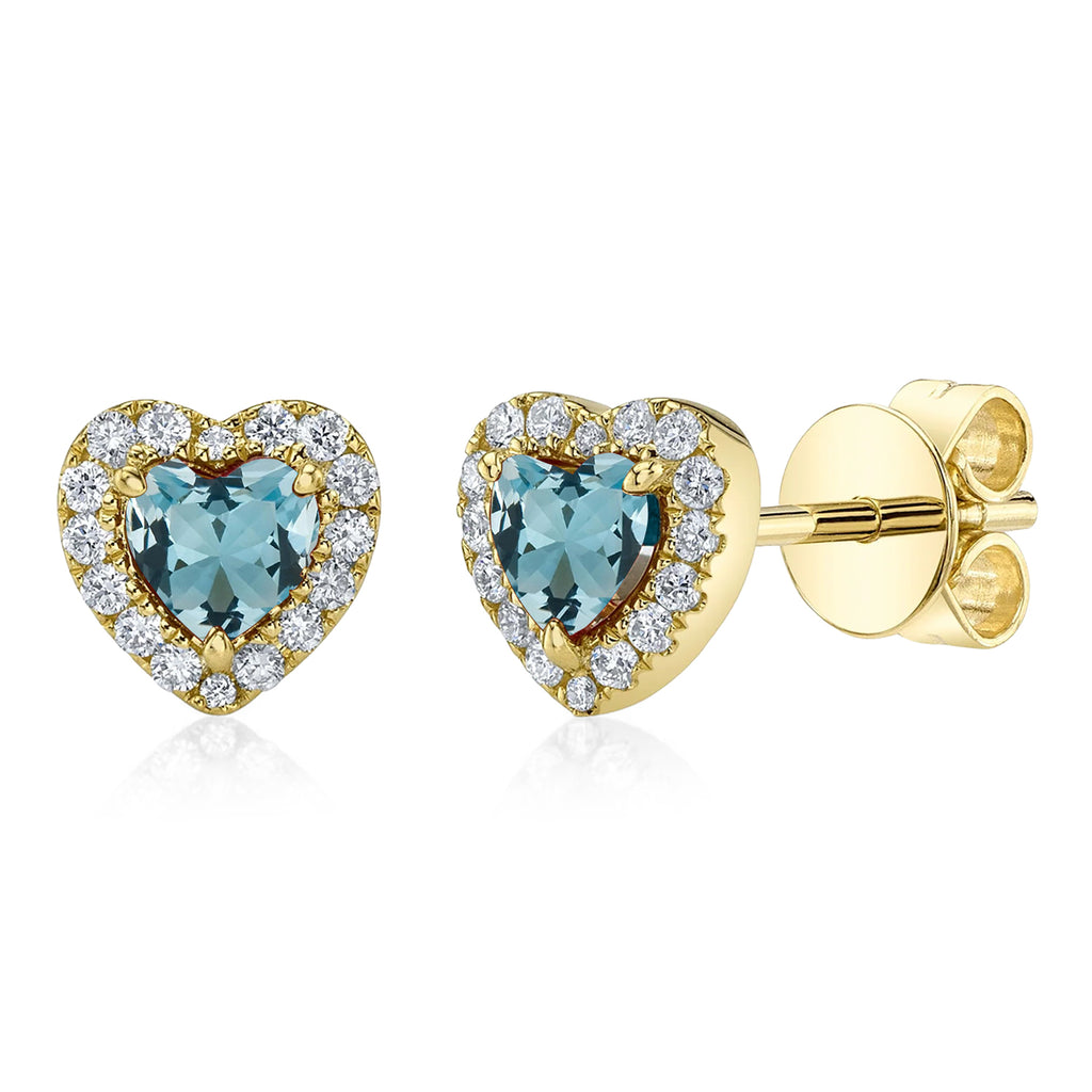 Heart Lab Aquamarine & Round Diamond Halo Stud Earrings 14K Yellow Gold (0.68ct)