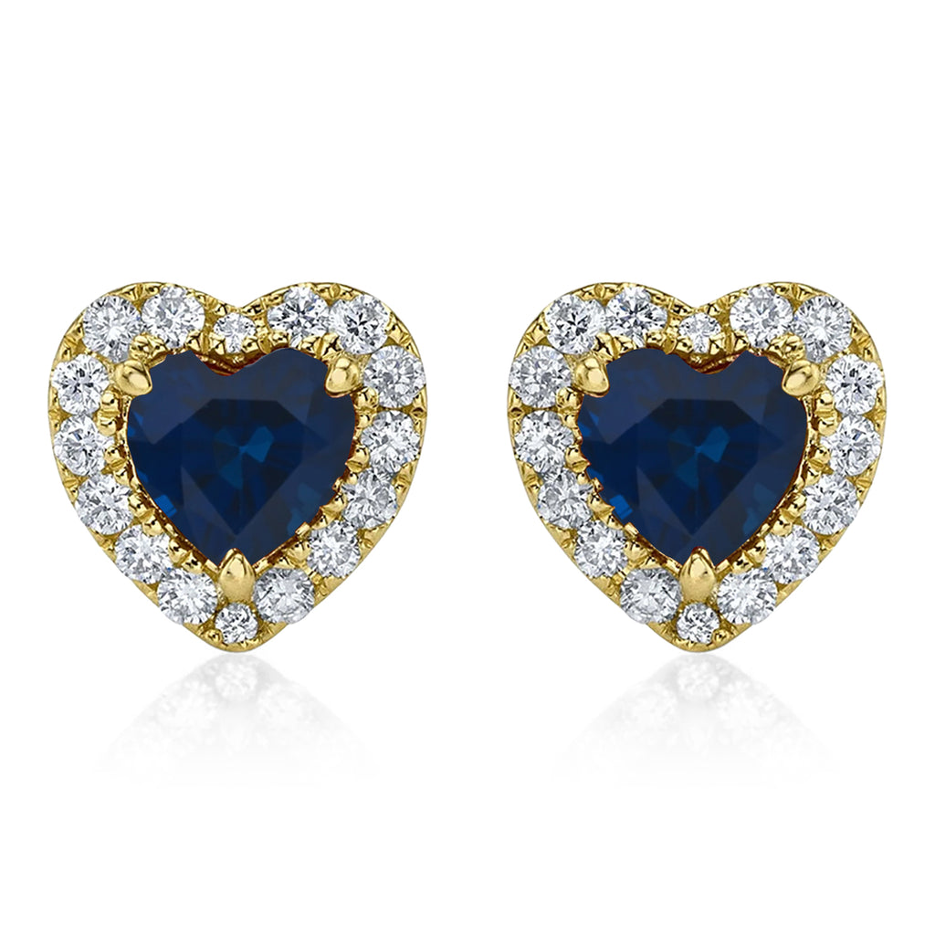 Heart Lab  Blue Sapphire & Round Diamond Halo Stud Earrings 14K Yellow Gold (0.68ct)