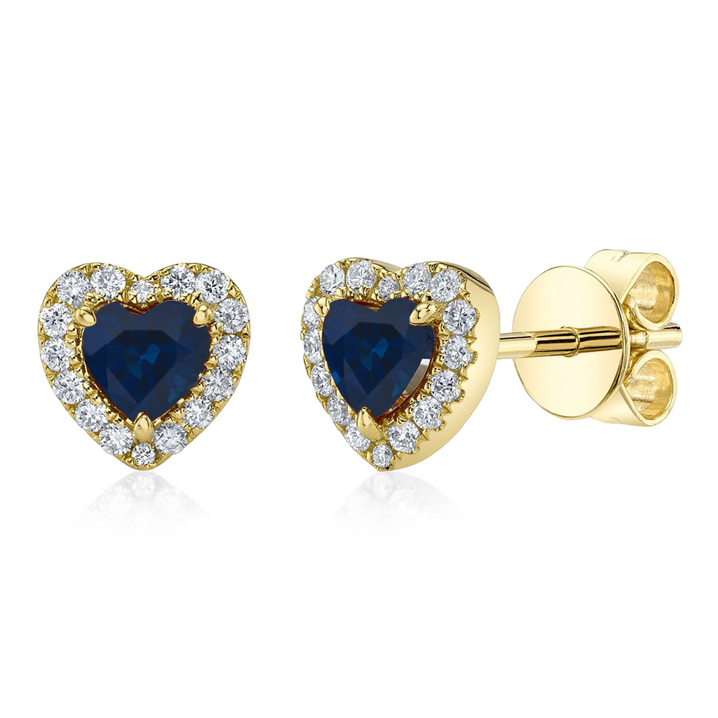 Heart Lab  Blue Sapphire & Round Diamond Halo Stud Earrings 14K Yellow Gold (0.68ct)