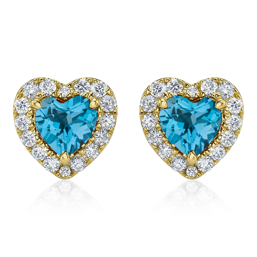 Heart Lab  Blue Topaz & Round Diamond Halo Stud Earrings 14K Yellow Gold (0.68ct)
