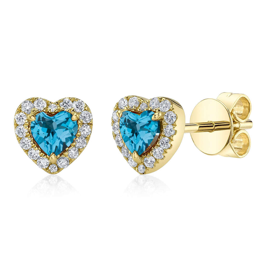 Heart Lab  Blue Topaz & Round Diamond Halo Stud Earrings 14K Yellow Gold (0.68ct)