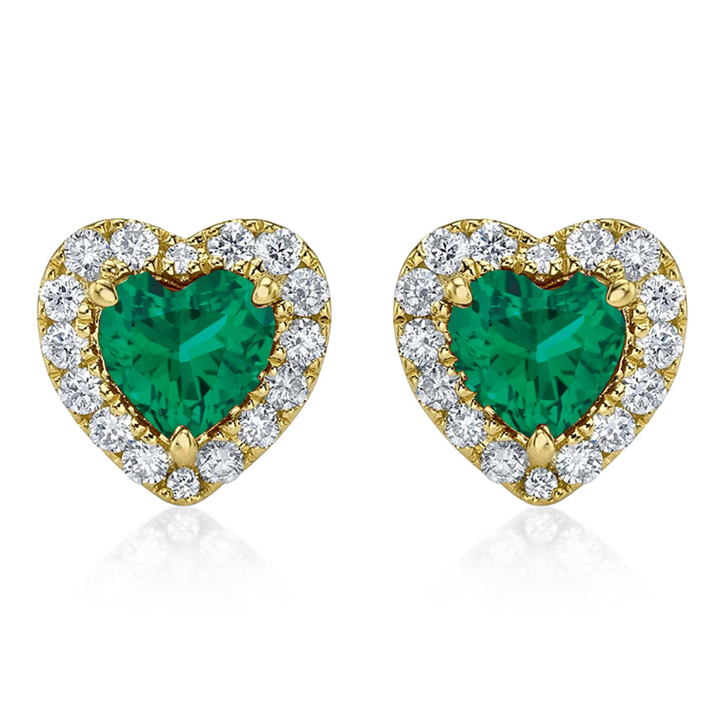 Heart Lab  Emerald & Round Diamond Halo Stud Earrings 14K Yellow Gold (0.68ct)