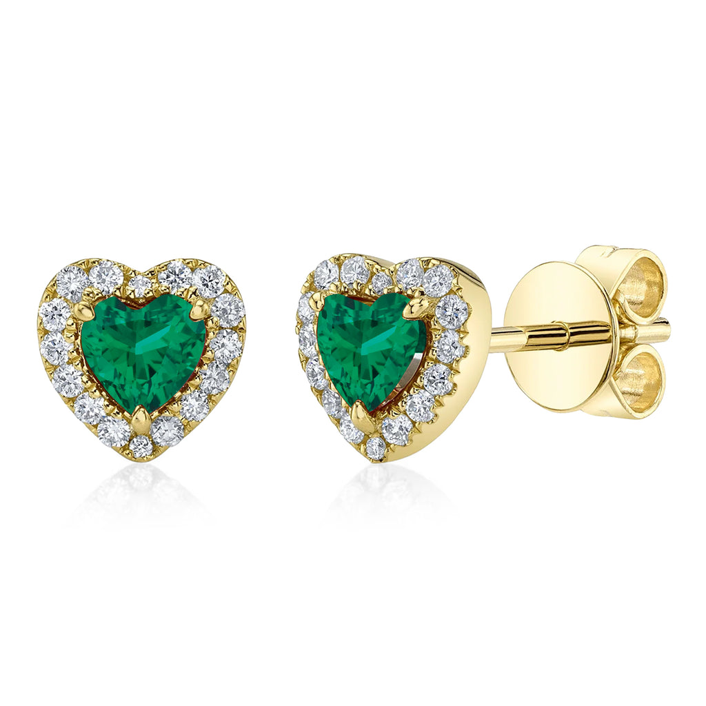 Heart Lab  Emerald & Round Diamond Halo Stud Earrings 14K Yellow Gold (0.68ct)