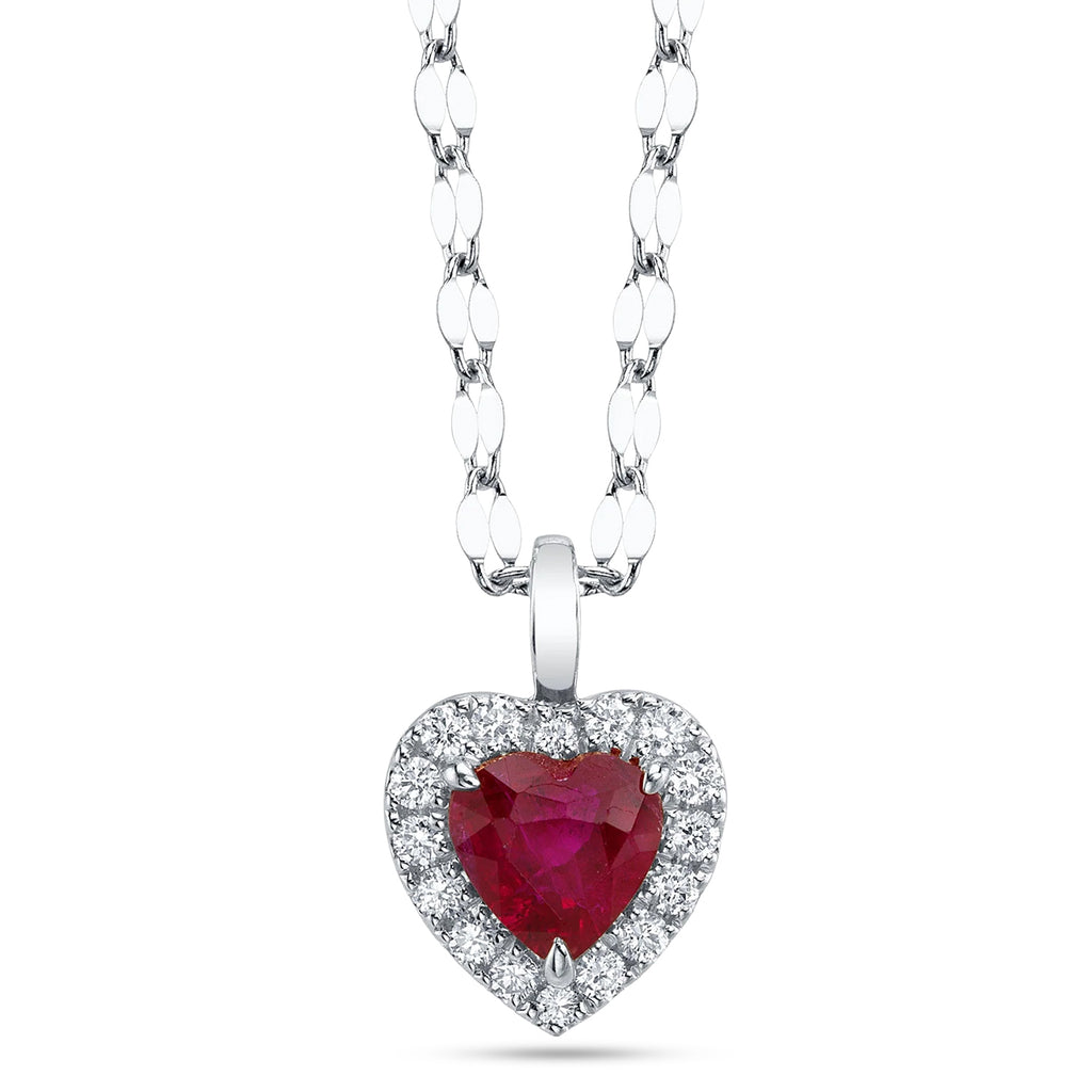 Heart Ruby & Round Diamond Halo Pendant Necklace 14K White Gold (0.74ct)