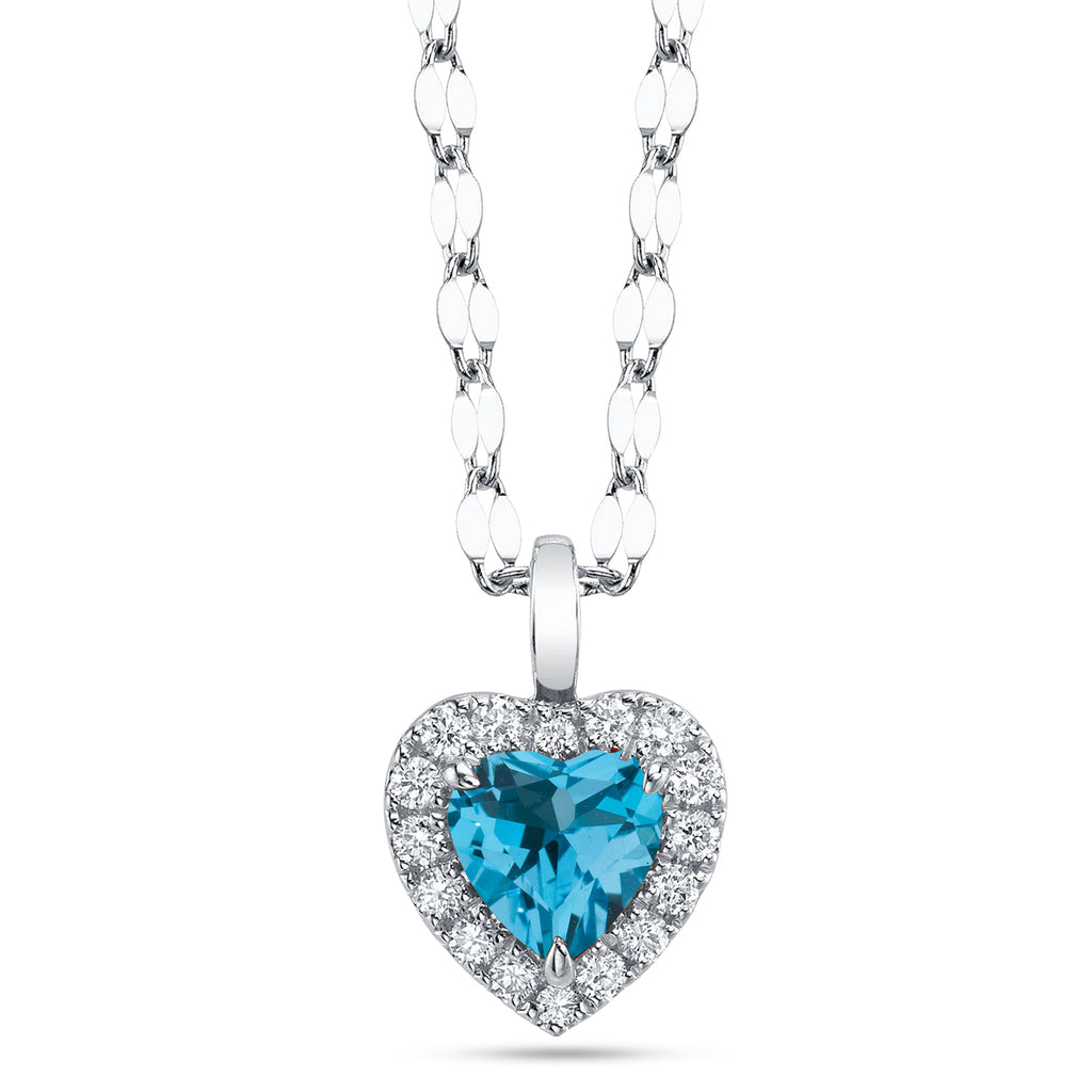 Heart Blue Topaz & Round Diamond Halo Pendant Necklace 14K White Gold (0.74ct)