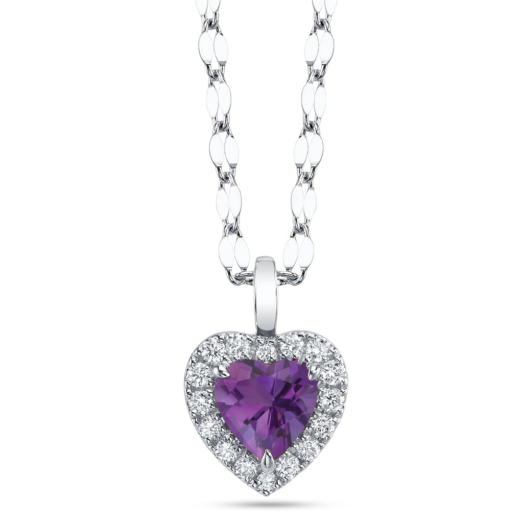 Heart Lab  Amethyst & Round Diamond Halo Pendant Necklace 14K White Gold (0.74ct)