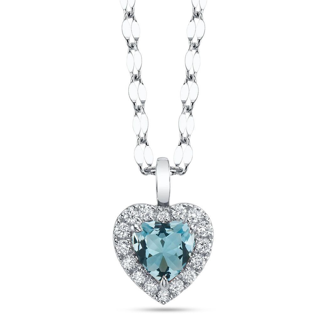 Heart Lab  Aquamarine & Round Diamond Halo Pendant Necklace 14K White Gold (0.74ct)
