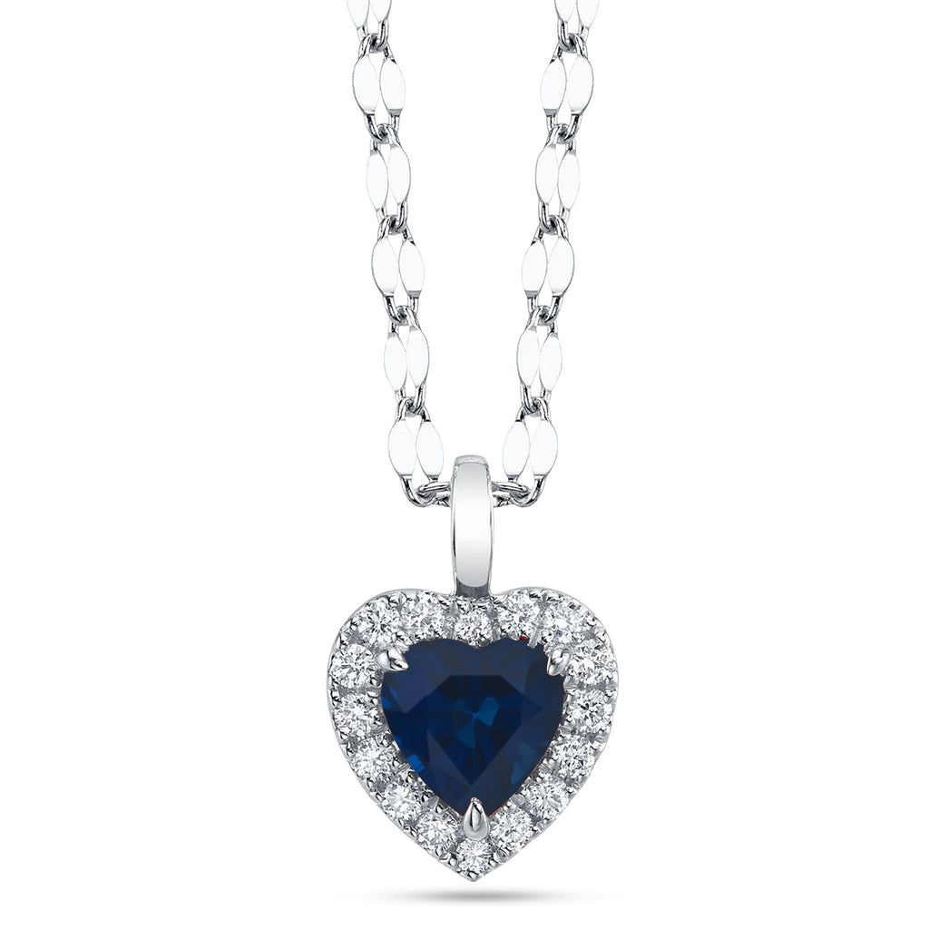 Heart Lab  Blue Sapphire & Round Diamond Halo Pendant Necklace 14K White Gold (0.74ct)