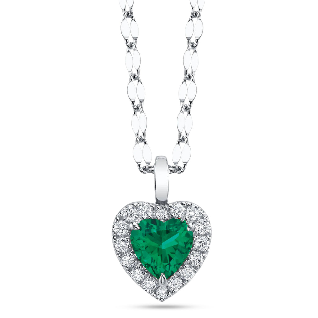 Heart Lab  Emerald & Round Diamond Halo Pendant Necklace 14K White Gold (0.74ct)