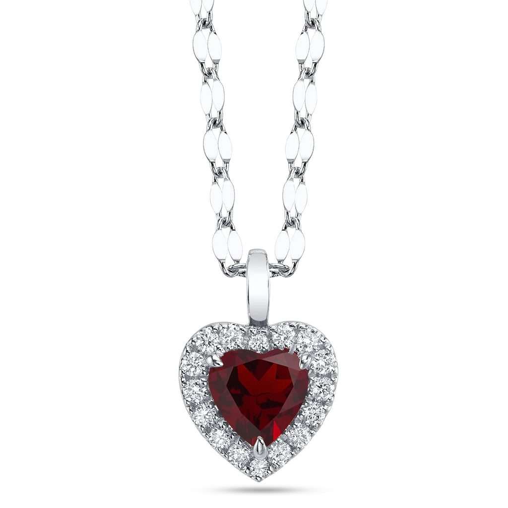 Heart Lab  Garnet & Round Diamond Halo Pendant Necklace 14K White Gold (0.74ct)