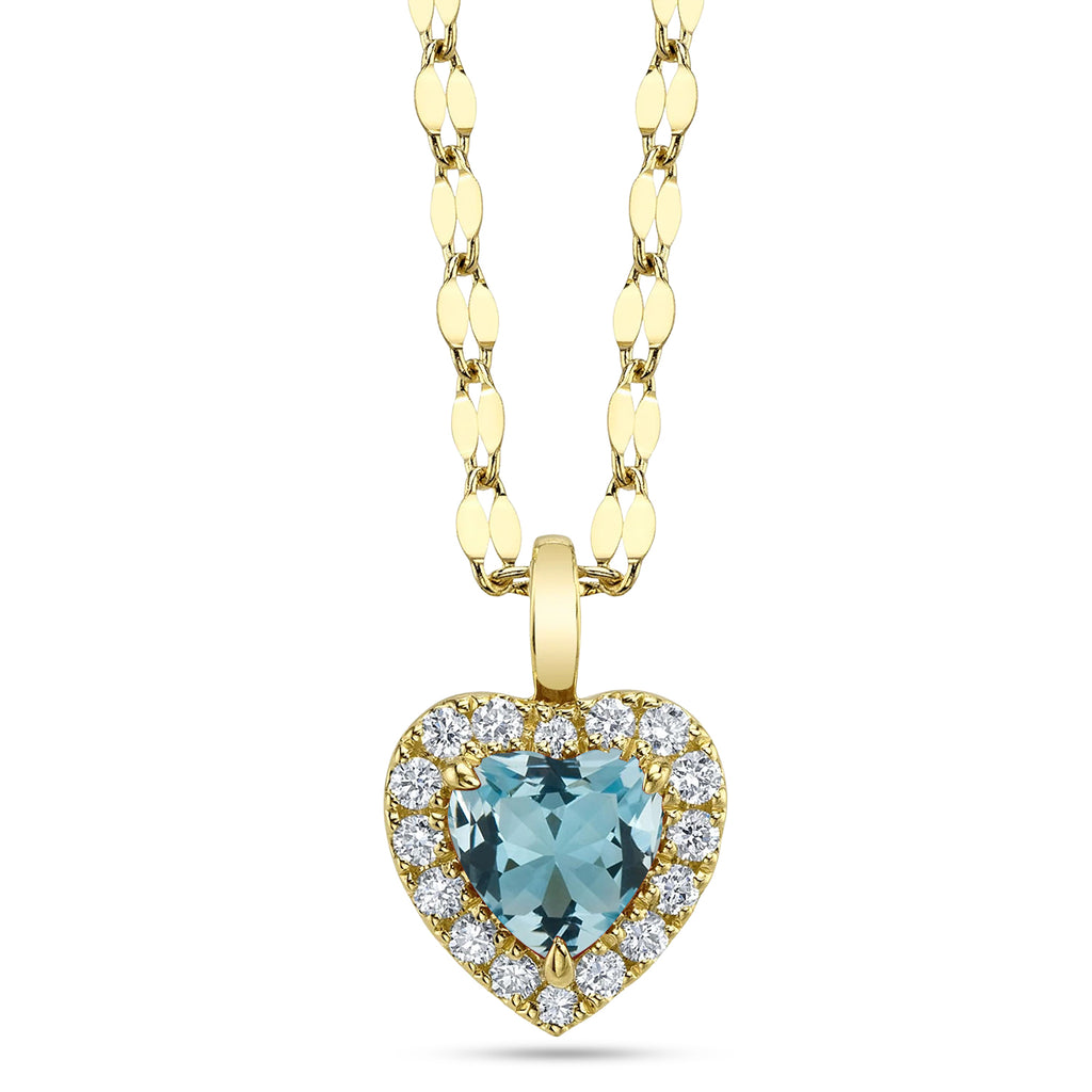 Heart Aquamarine & Round Diamond Halo Pendant Necklace 14K Yellow Gold (0.74ct)