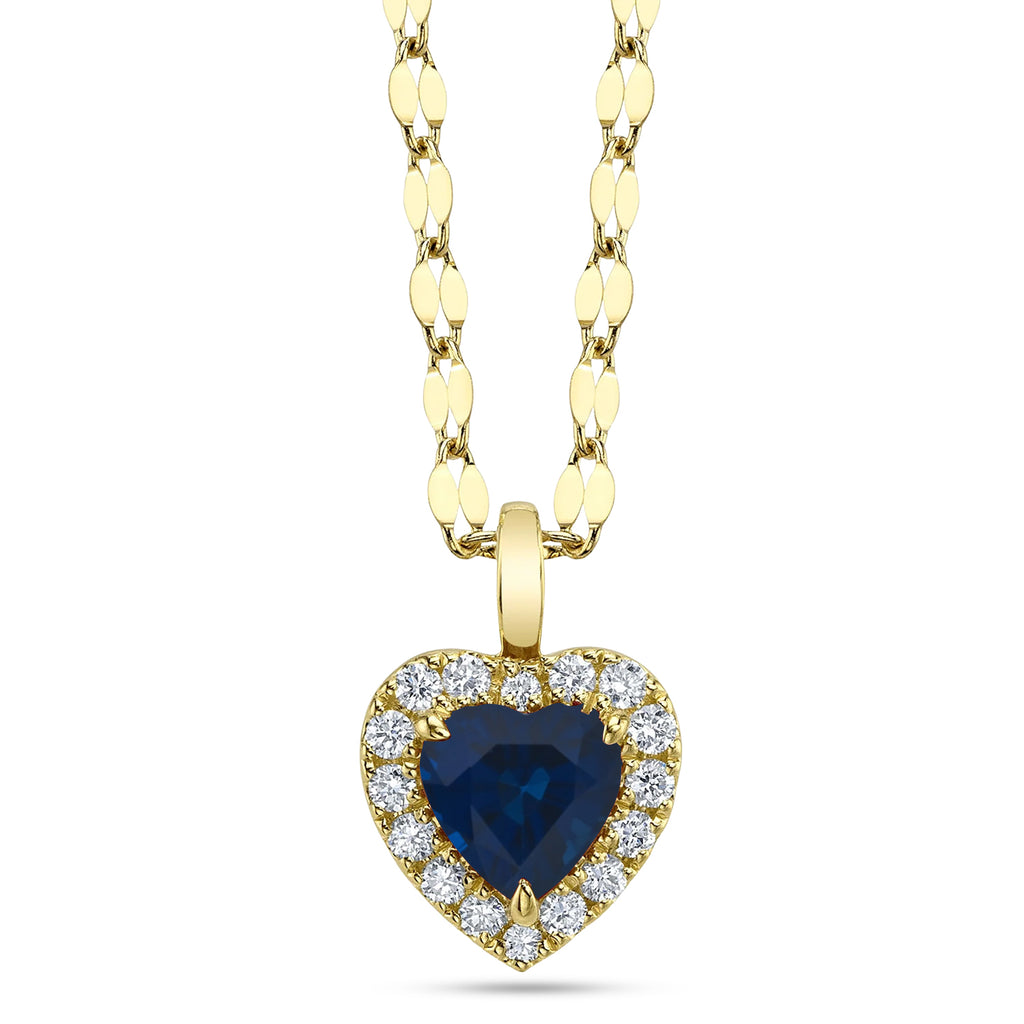 Heart Blue Sapphire & Round Diamond Halo Pendant Necklace 14K Yellow Gold (0.74ct)