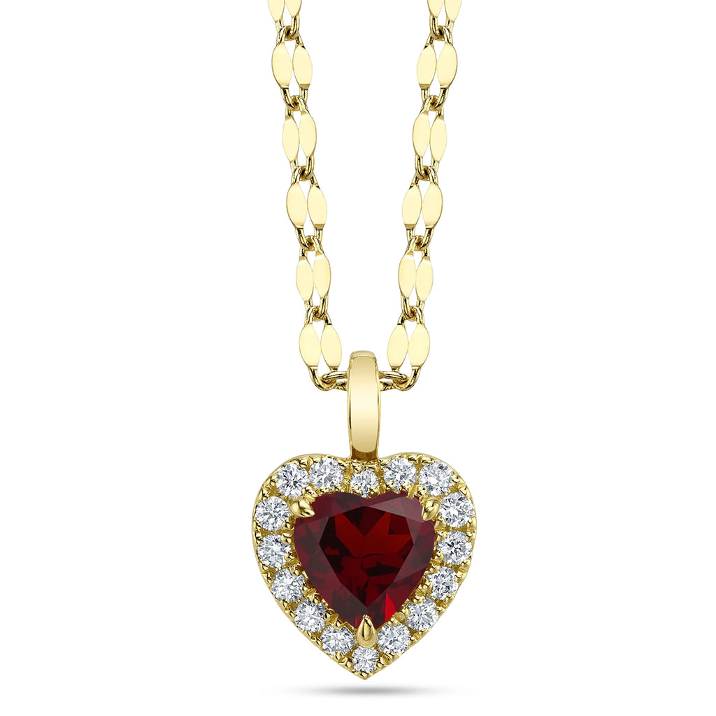 Heart Garnet & Round Diamond Halo Pendant Necklace 14K Yellow Gold (0.74ct)