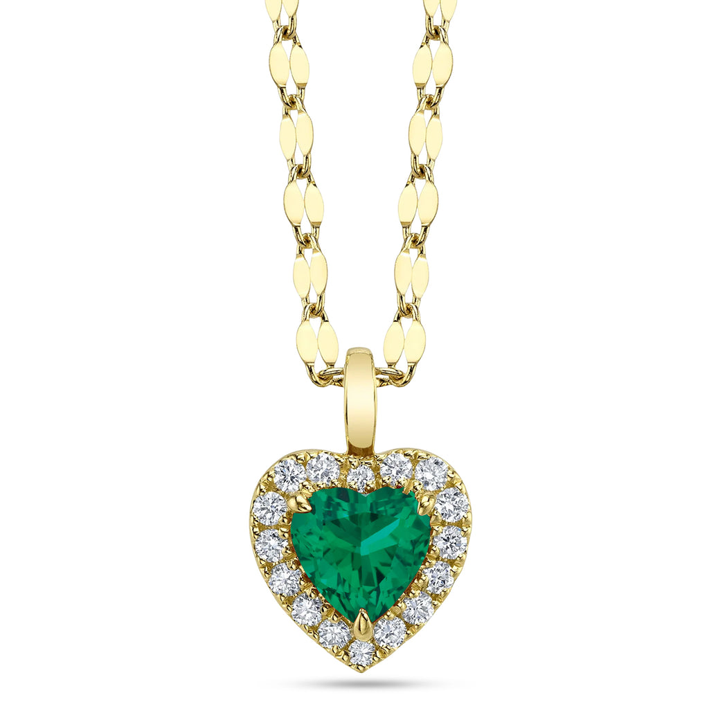 Heart Lab  Emerald & Round Diamond Halo Pendant Necklace 14K Yellow Gold (0.74ct)