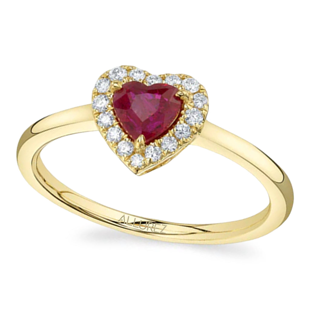 Heart Ruby & Round Diamond Halo Cocktail Ring 14K Yellow Gold (0.67ct)