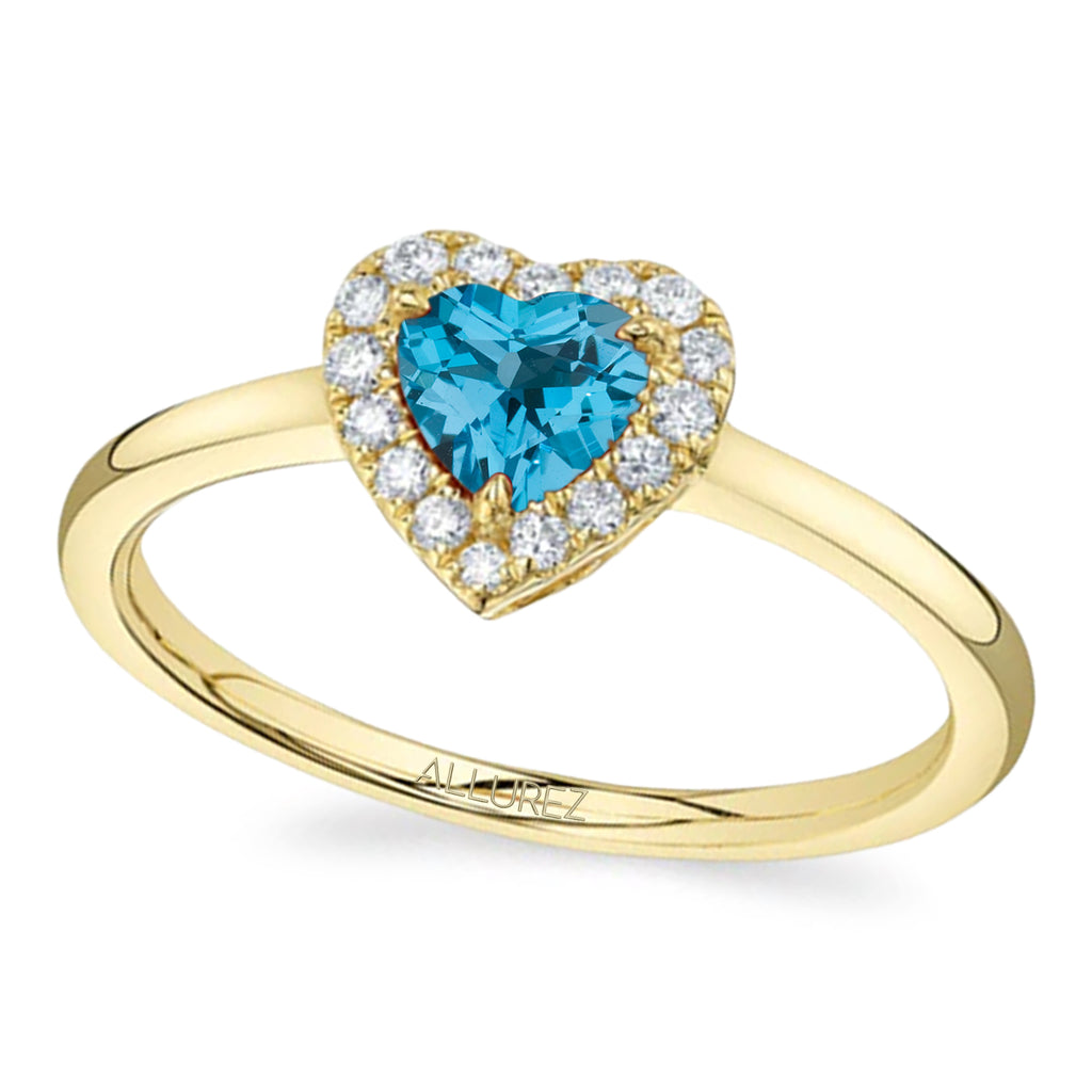 Heart Lab  Blue Topaz & Round Diamond Halo Cocktail Ring 14K Yellow Gold (0.67ct)