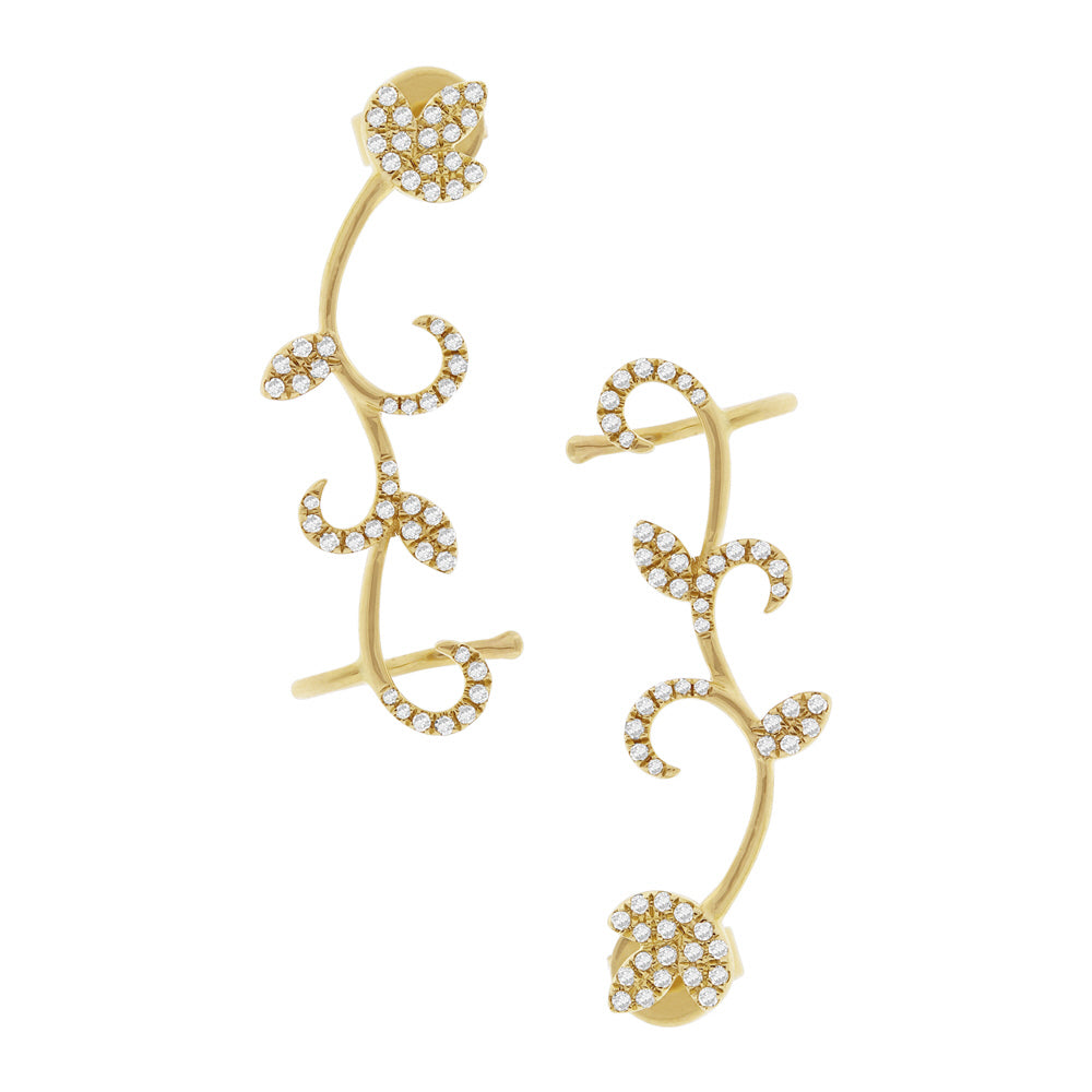 0.29ct 14k Yellow Gold Diamond Leaf Ear Crawler Earrings