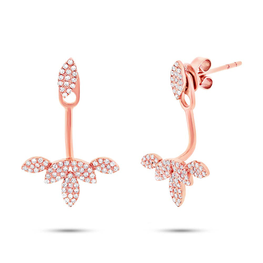 0.39ct 14k Rose Gold Diamond Leaf Earrings Jacket With Stud