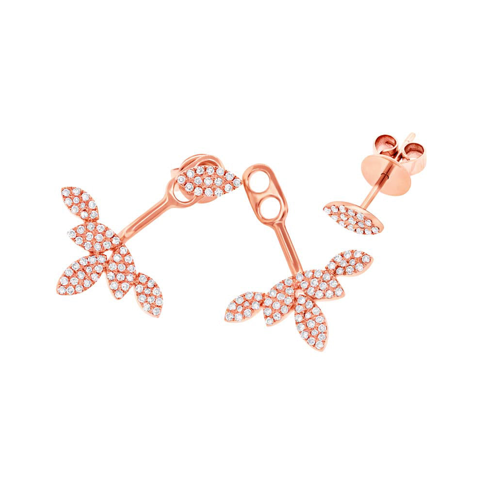 0.39ct 14k Rose Gold Diamond Leaf Earrings Jacket With Stud