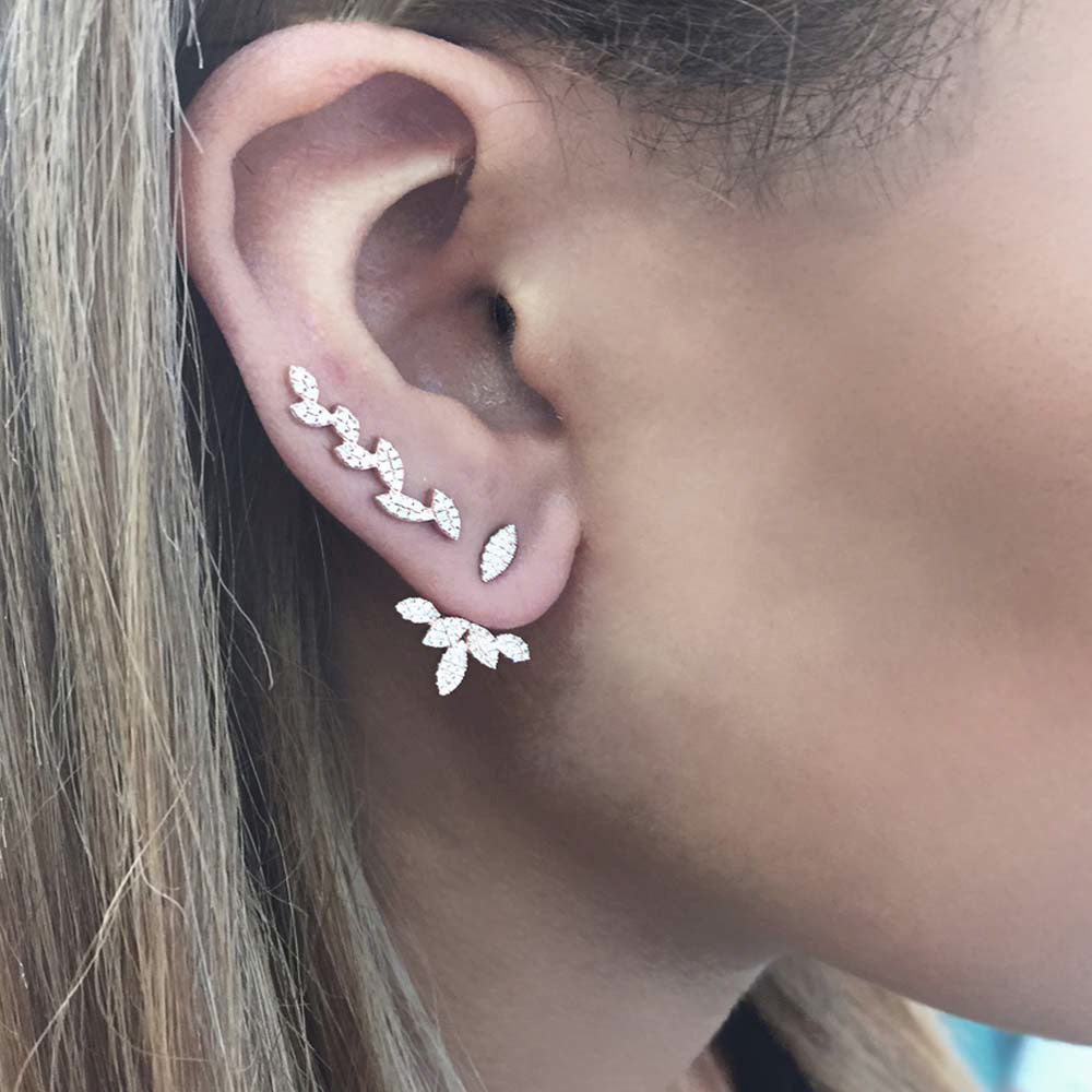 0.39ct 14k Rose Gold Diamond Leaf Earrings Jacket With Stud