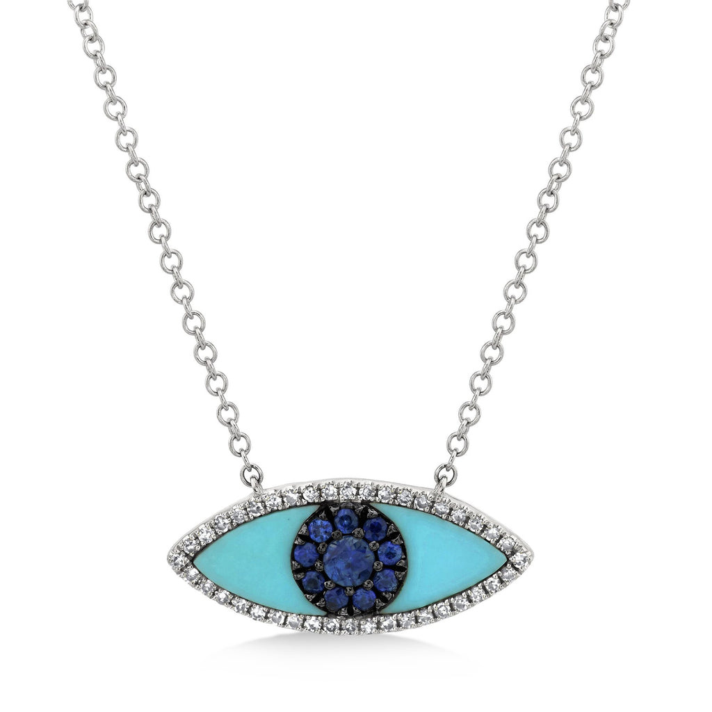 Turquoise & Blue Sapphire & Diamond Evil Eye Pendant Necklace 14k White Gold (0.74ct)