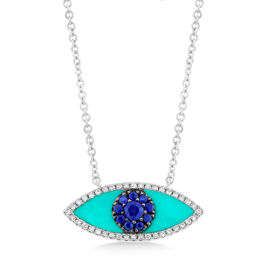 Turquoise & Blue Sapphire & Diamond Evil Eye Pendant Necklace 14k White Gold (0.74ct)
