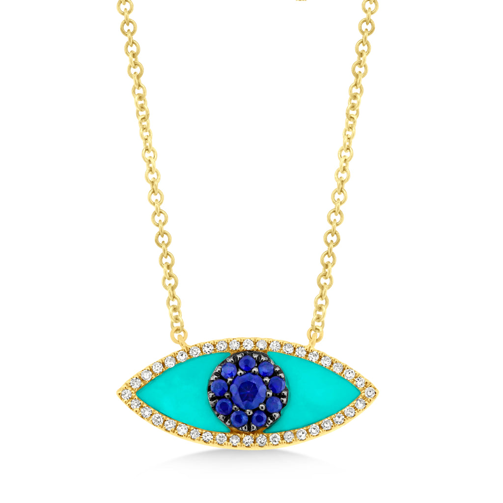 Turquoise & Blue Sapphire & Diamond Evil Eye Pendant Necklace 14k Yellow Gold (0.74ct)