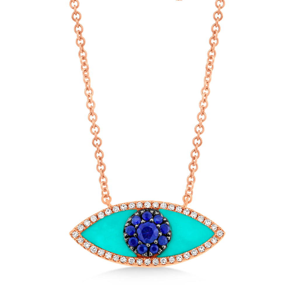 Turquoise & Blue Sapphire & Diamond Evil Eye Pendant Necklace 14k Rose Gold (0.74ct)