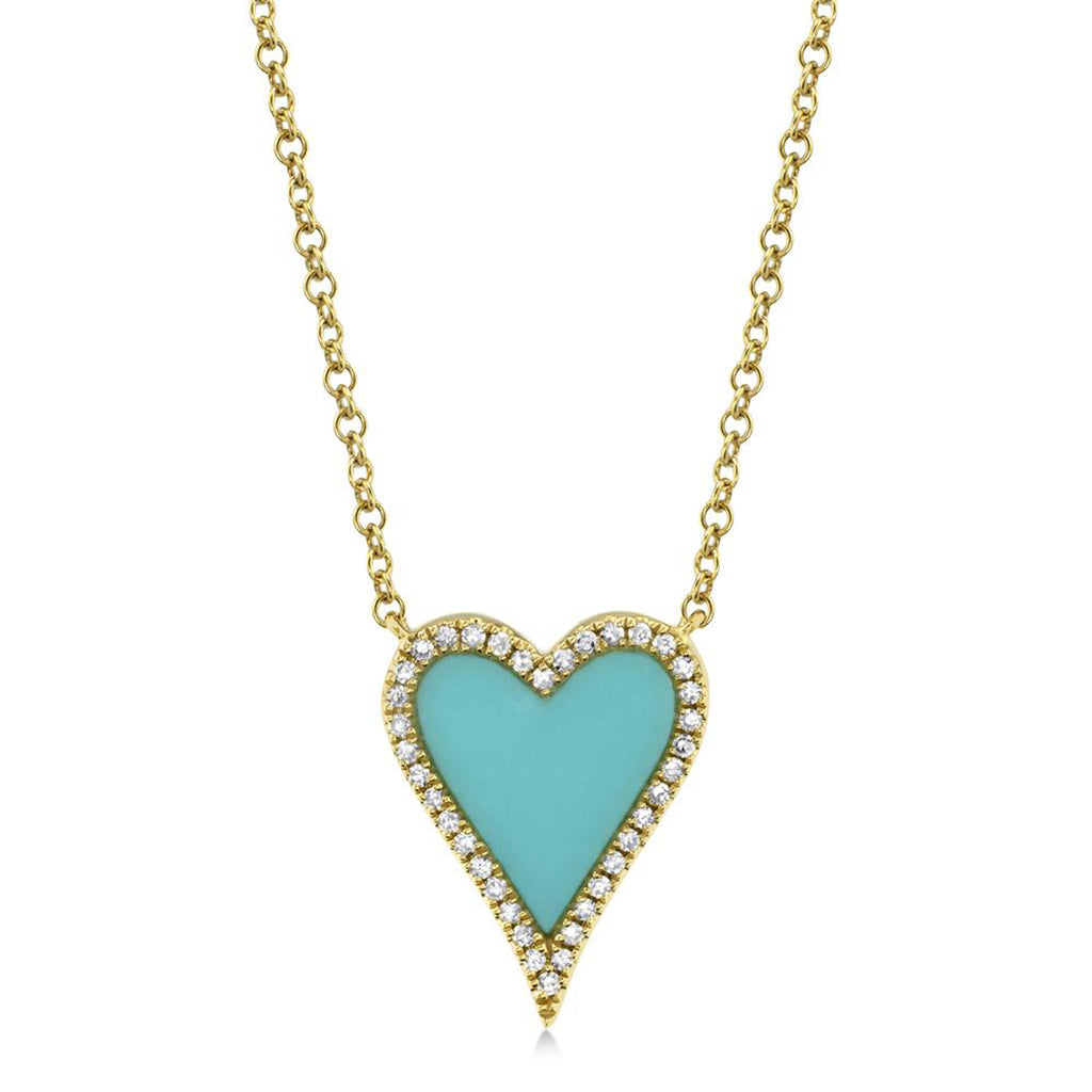 Diamond & Turquoise Heart Pendant Necklace 14K Yellow Gold (0.78ct)