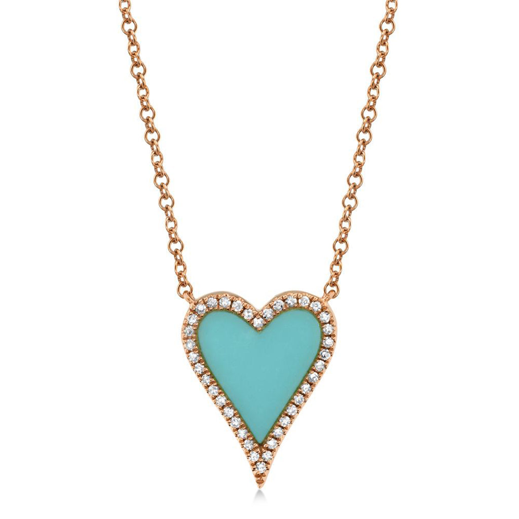 Diamond & Turquoise Heart Pendant Necklace 14K Rose Gold (0.78ct)