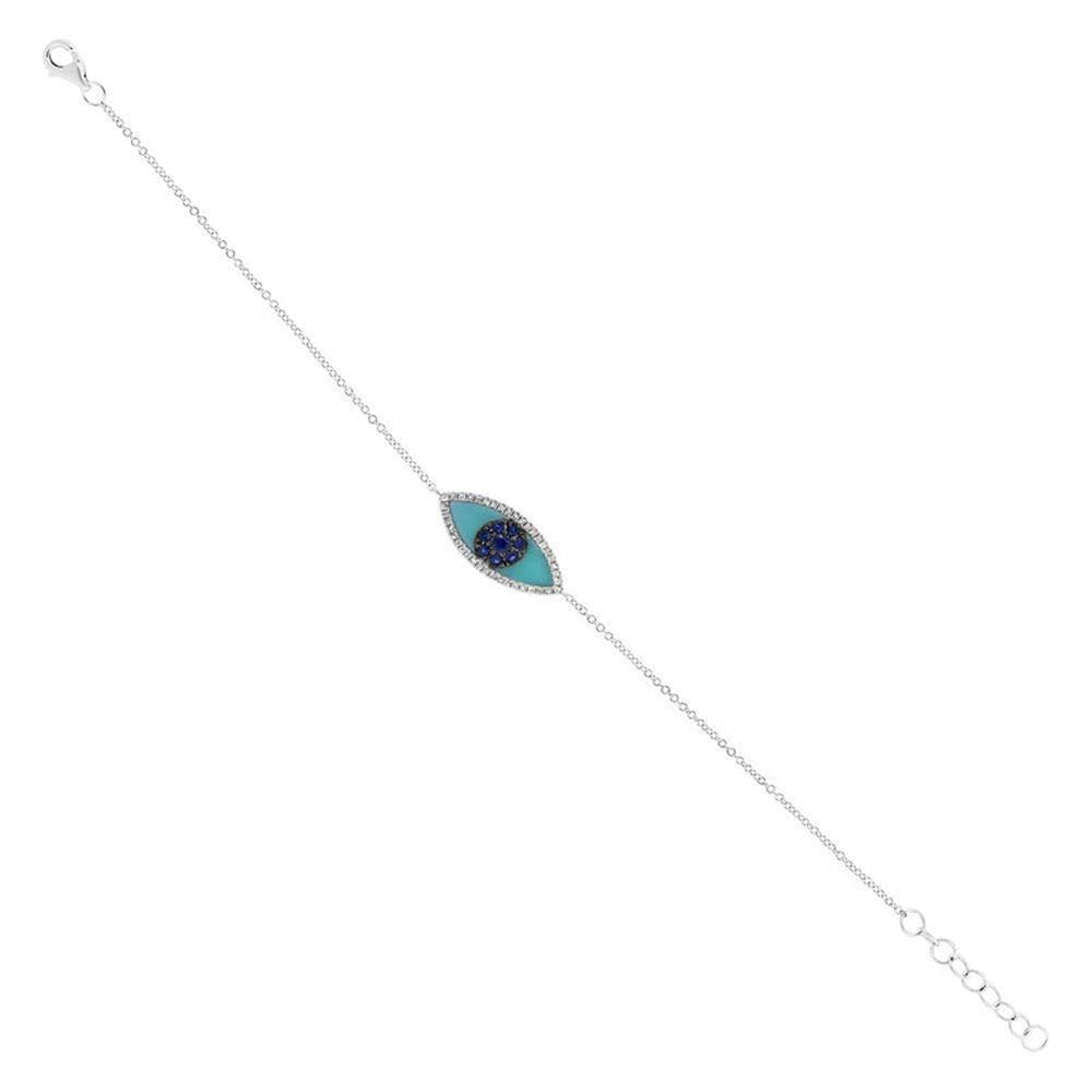 Turquoise & Diamond & Blue Sapphire Evil Eye Bracelet 14k White Gold (0.26ct)