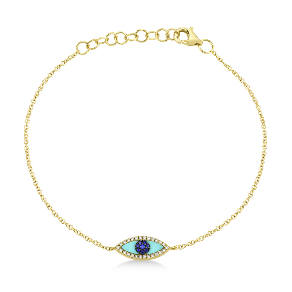 Turquoise & Diamond & Blue Sapphire Evil Eye Bracelet 14k Yellow Gold (0.26ct)