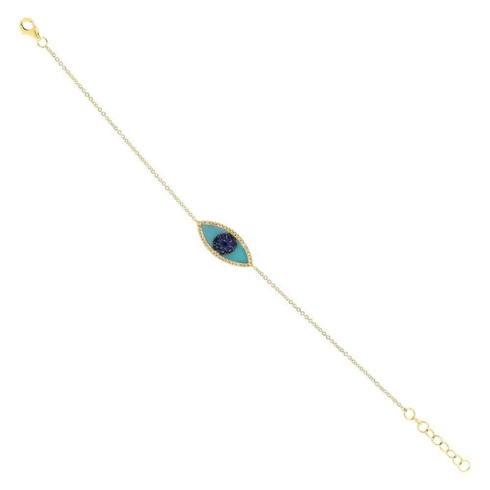 Turquoise & Diamond & Blue Sapphire Evil Eye Bracelet 14k Yellow Gold (0.26ct)