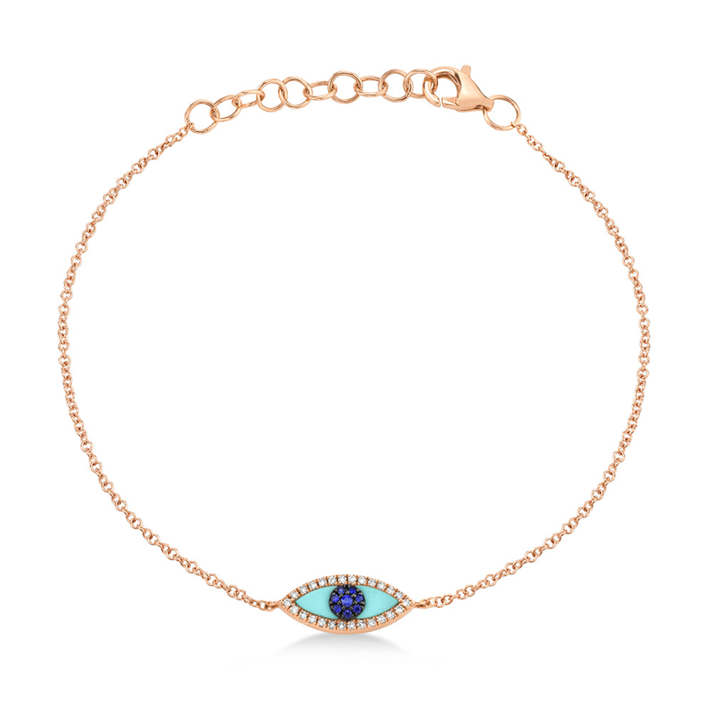 Turquoise & Diamond & Blue Sapphire Evil Eye Bracelet 14k Rose Gold (0.26ct)