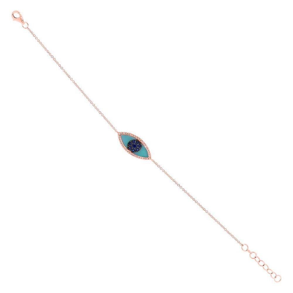 Turquoise & Diamond & Blue Sapphire Evil Eye Bracelet 14k Rose Gold (0.26ct)