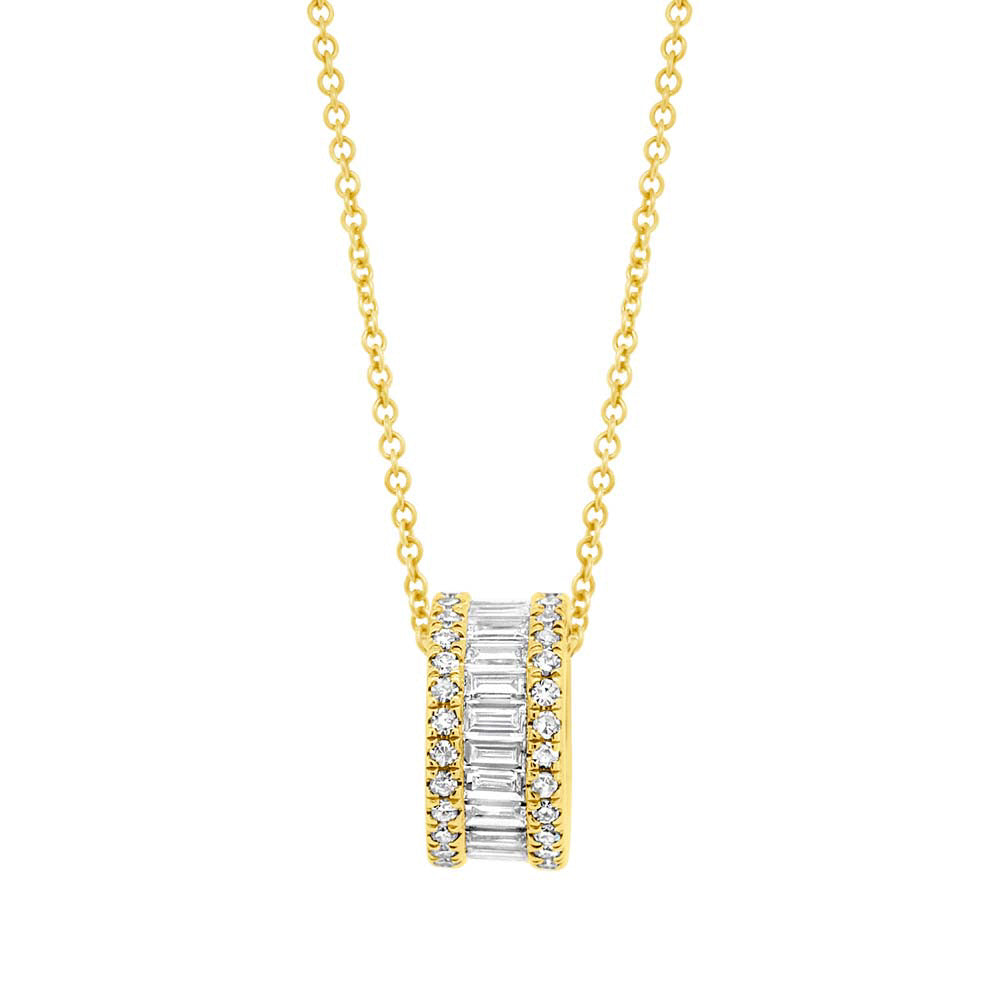 0.50ct 14k Yellow Gold Diamond Baguette Barrel Pendant Necklace