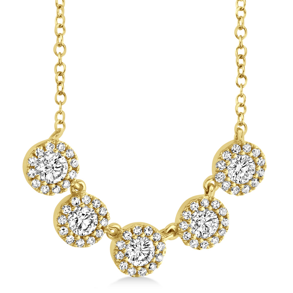 Diamond Halo Style Five Stone Pendant Necklace 14k Yellow Gold (0.53ct)
