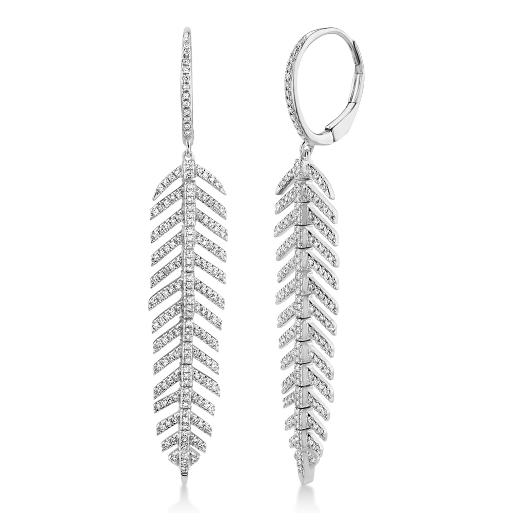 Diamond Accented Feather Huggie Drop Earrings 14k White Gold (0.60ct)