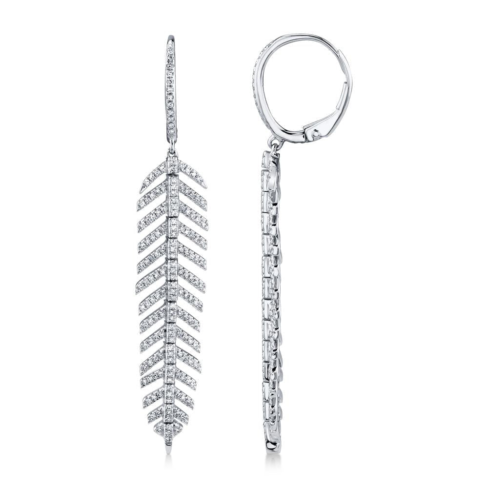 Diamond Accented Feather Huggie Drop Earrings 14k White Gold (0.60ct)