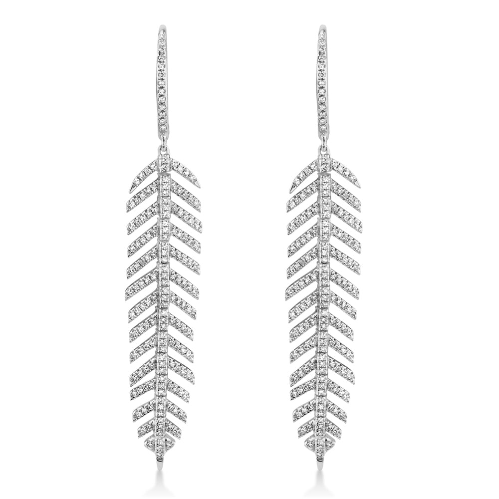 Diamond Accented Feather Huggie Drop Earrings 14k White Gold (0.60ct)