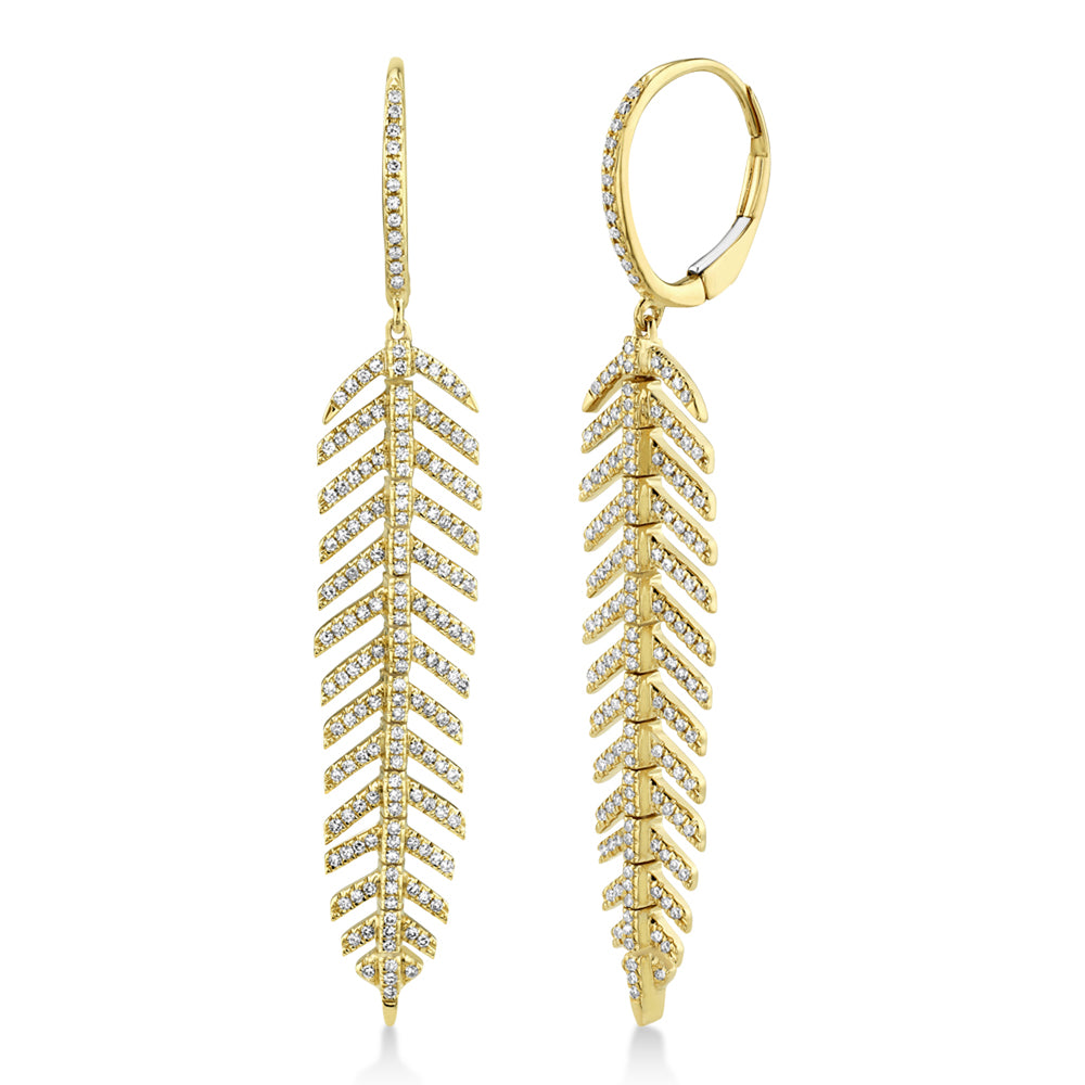 Diamond Accented Feather Huggie Drop Earrings 14k Yellow Gold (0.60ct)