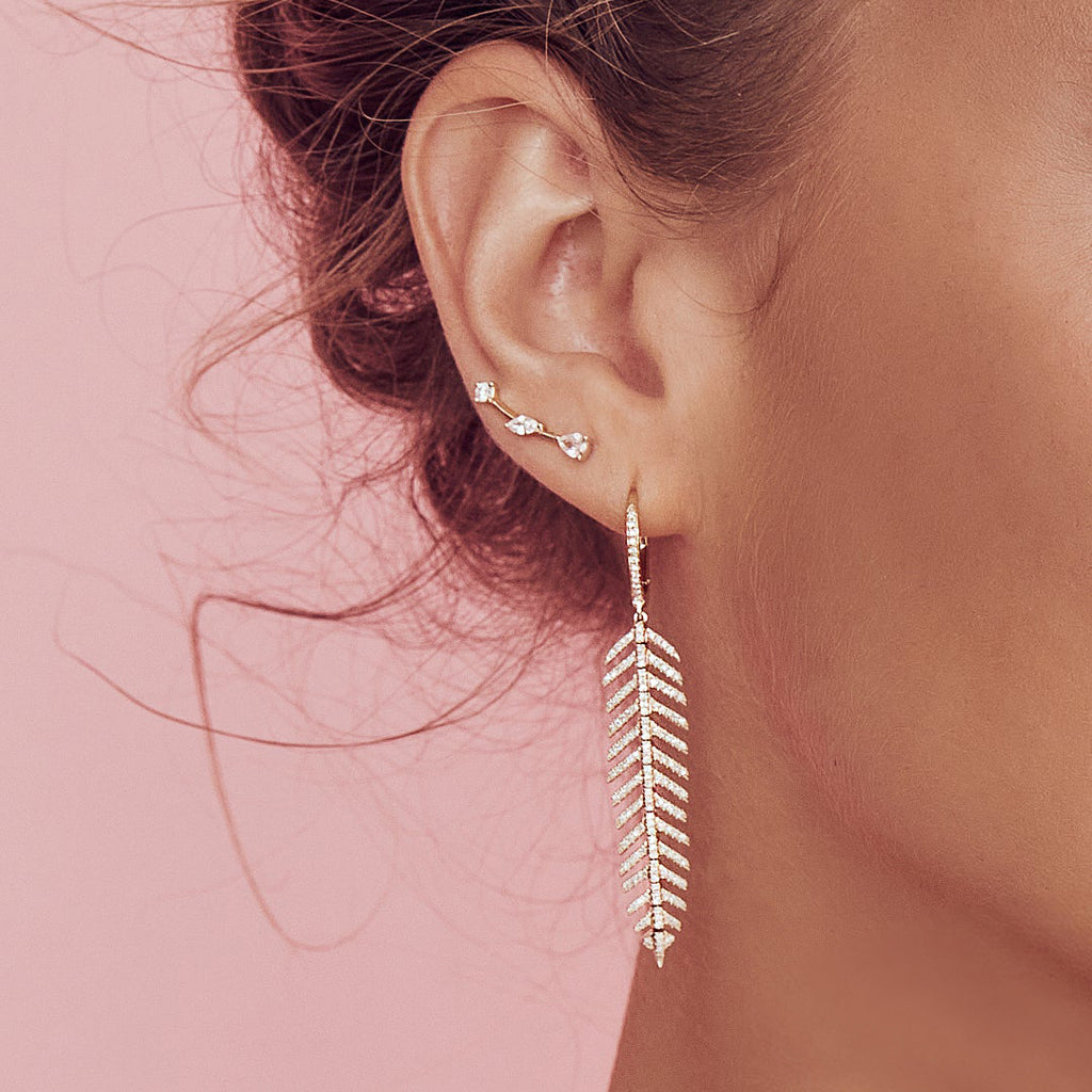 Diamond Accented Feather Huggie Drop Earrings 14k Yellow Gold (0.60ct)