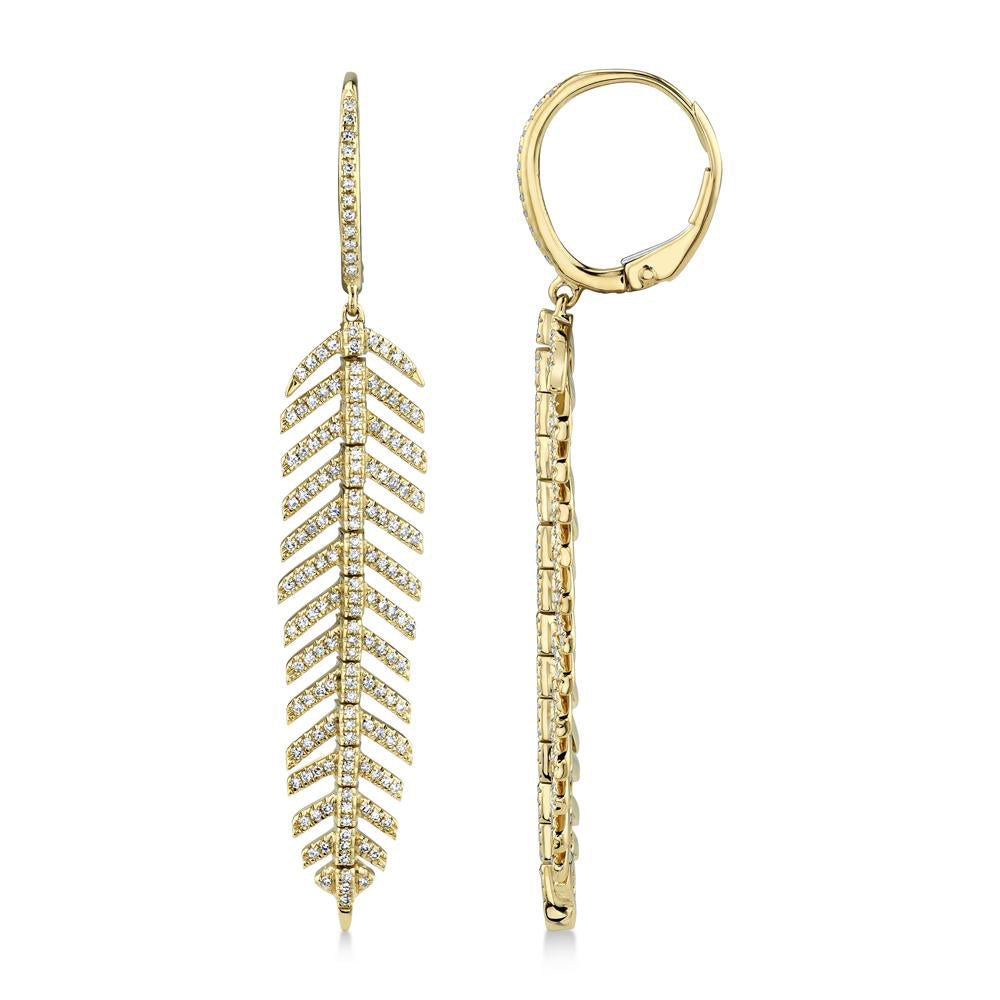 Diamond Accented Feather Huggie Drop Earrings 14k Yellow Gold (0.60ct)