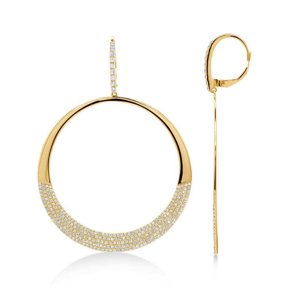 Diamond Pave Circle Huggie Drop Earrings 14k Yellow Gold (1.37ct)