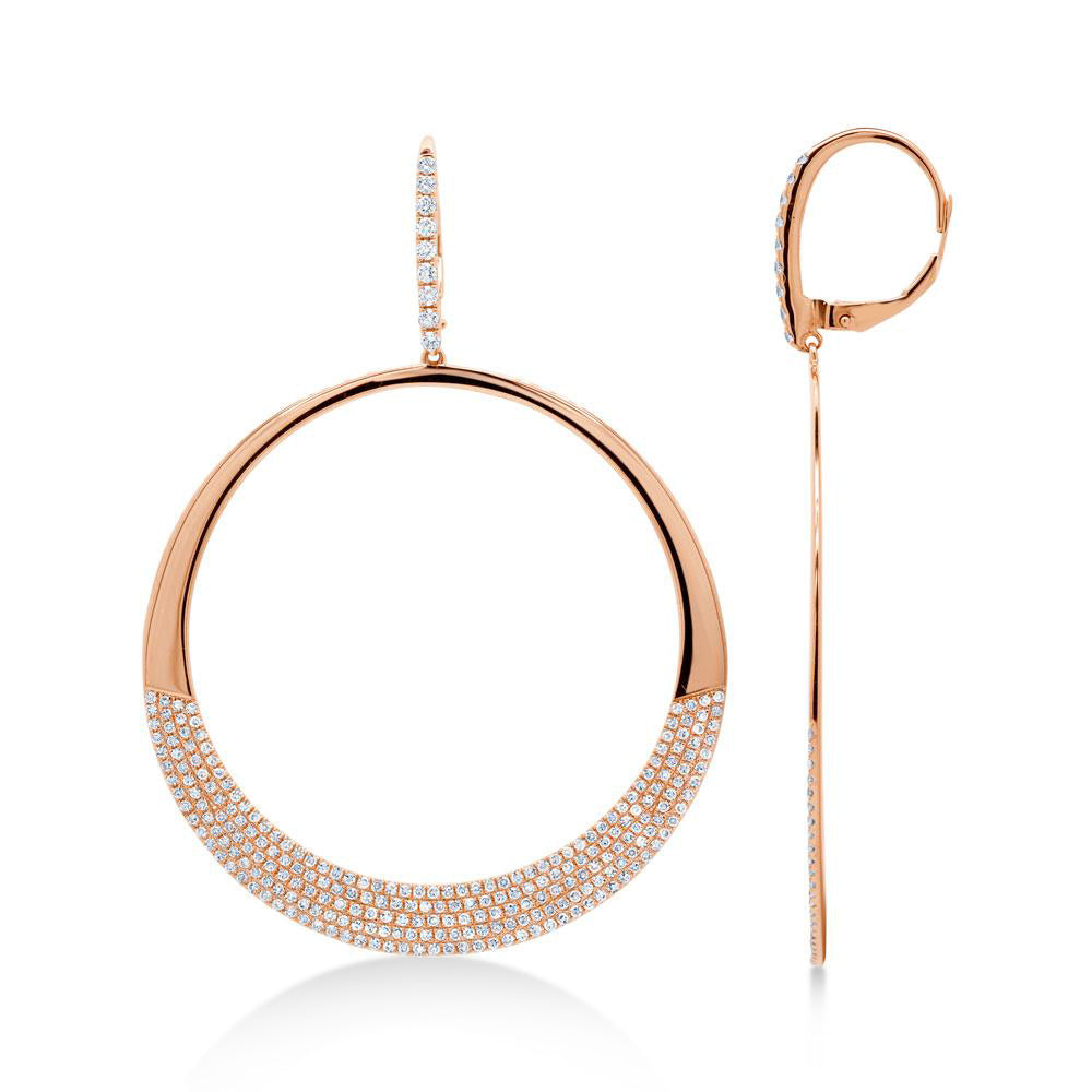 Diamond Pave Circle Huggie Drop Earrings 14k Rose Gold (1.37ct)