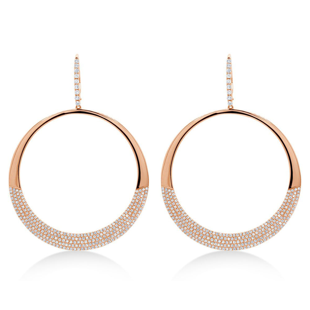 Diamond Pave Circle Huggie Drop Earrings 14k Rose Gold (1.37ct)