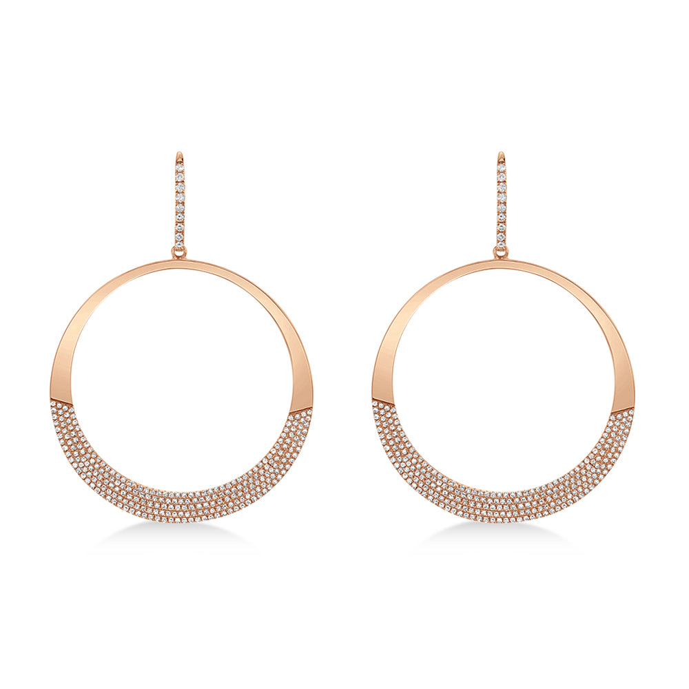 Diamond Pave Circle Huggie Drop Earrings 14k Rose Gold (1.37ct)