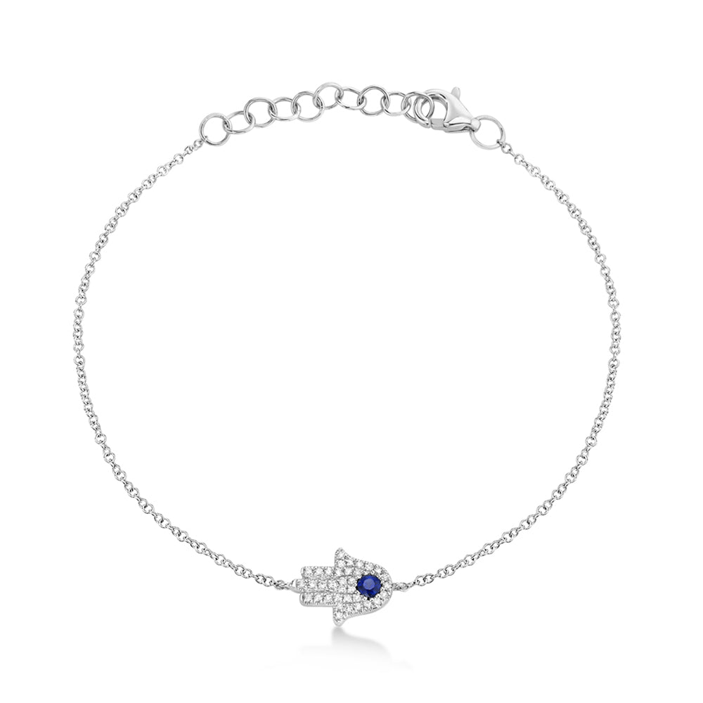 Diamond & Blue Sapphire Hamsa Link Bracelet 14k White Gold (0.17ct)